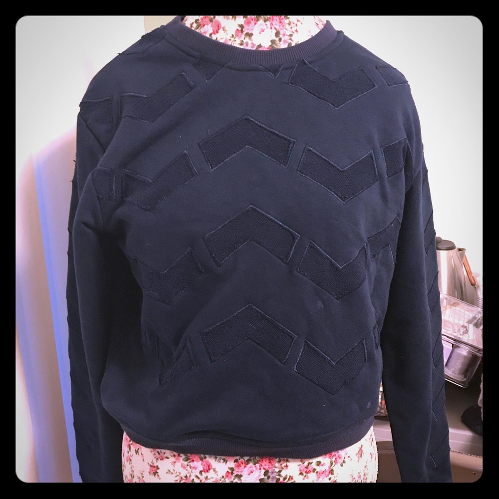 Crew Neck Chevron Sweater, Navy Blue, L